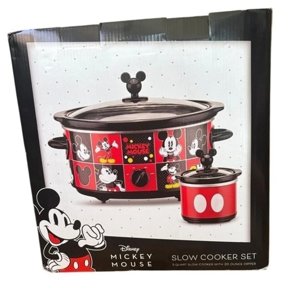 Disney Mickey Mouse Slow Cooker Set:5-Quart Oval & 20-Ounce Dipper Black Red NIB